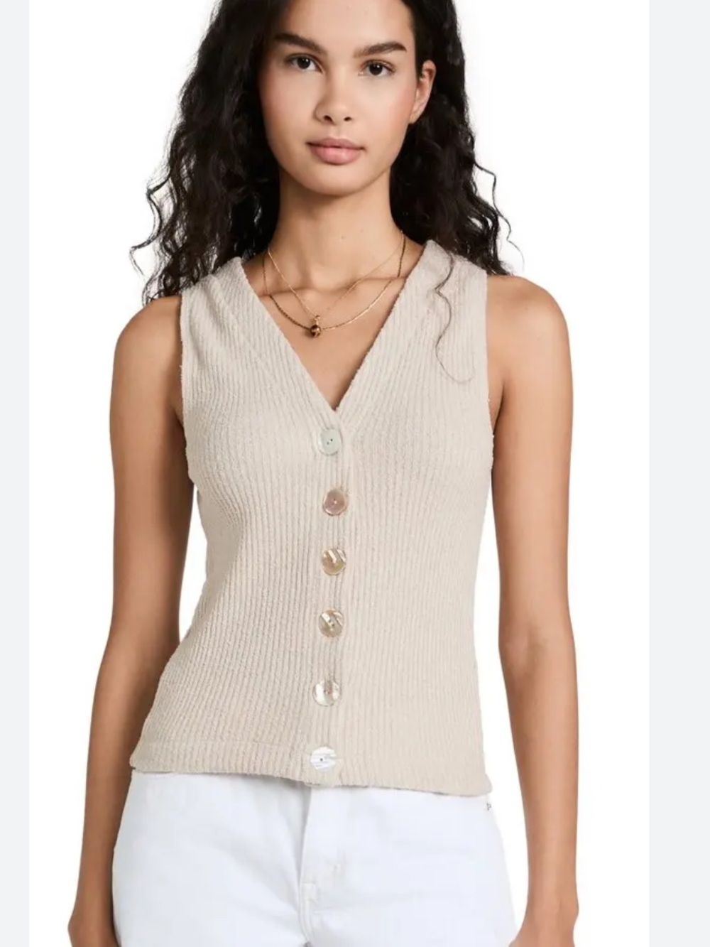 Enza Costa Natural Ribbed V-Neck Button Tank